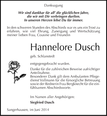 Traueranzeige von Hannelore Dusch von Mitteldeutsche Zeitung