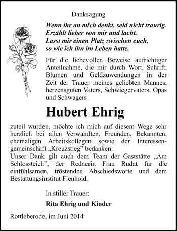 Traueranzeige von Hubert Ehrig von Mitteldeutsche Zeitung Sangerhausen