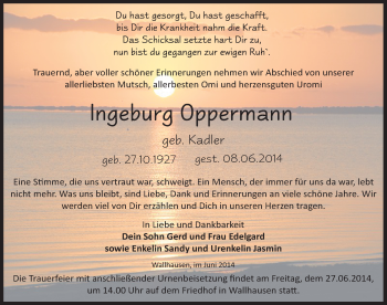 Traueranzeige von Ingeborg Oppermann von Mitteldeutsche Zeitung Sangerhausen