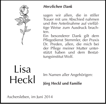 Traueranzeige von Lisa Heckl von Mitteldeutsche Zeitung Aschersleben