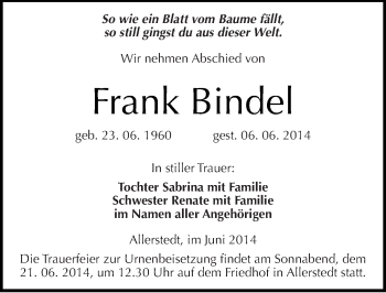 Traueranzeige von Frank Bindel von Mitteldeutsche Zeitung Naumburg/Nebra