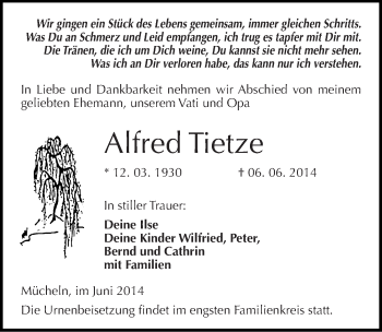 Traueranzeige von Alfred Tietze von Mitteldeutsche Zeitung Merseburg/Querfurt