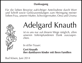 Traueranzeige von Adelgard Knauth von Mitteldeutsche Zeitung Naumburg/Nebra