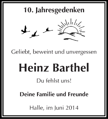 Traueranzeige von Heinz Barthel von Mitteldeutsche Zeitung Halle/Saalkreis