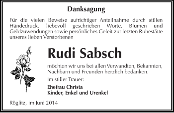 Traueranzeige von Rudi Sabsch von Mitteldeutsche Zeitung Merseburg/Querfurt