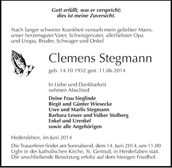 Traueranzeige von Clemens Stegmann von Mitteldeutsche Zeitung Quedlinburg
