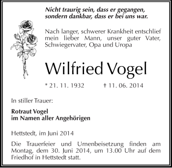 Traueranzeige von Wilfried Vogel von Mitteldeutsche Zeitung Mansfelder Land