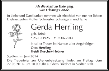 Traueranzeige von Gerda Herrling von Mitteldeutsche Zeitung Mansfelder Land
