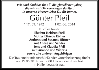 Traueranzeige von Günter Pfeil von Mitteldeutsche Zeitung Halle/Saalkreis