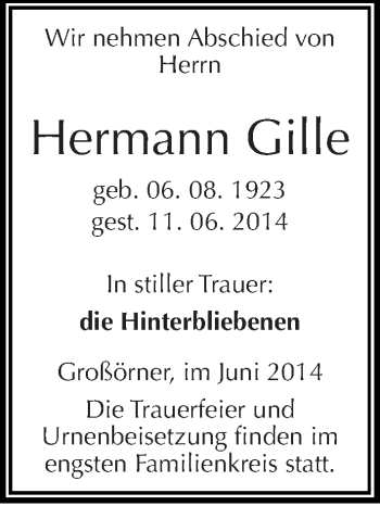 Traueranzeige von Hermann Gille von Mitteldeutsche Zeitung Mansfelder Land