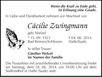 Traueranzeige von Cäcilie Zwiiigmann von Mitteldeutsche Zeitung Halle/Saalkreis