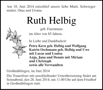 Traueranzeige von Ruth Helbig von Mitteldeutsche Zeitung Bitterfeld