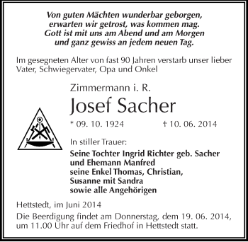 Traueranzeige von Josef Sacher von Mitteldeutsche Zeitung Mansfelder Land