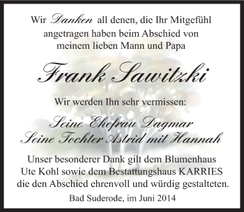 Traueranzeige von Frank Sawitzki von Mitteldeutsche Zeitung Quedlinburg