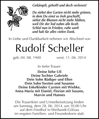 Traueranzeige von Rudolf Scheller von Mitteldeutsche Zeitung Köthen