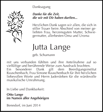 Traueranzeige von Jutta Lange von Mitteldeutsche Zeitung Naumburg/Nebra