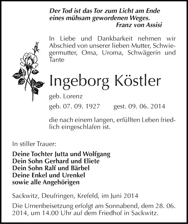  Traueranzeige für Ingeborg Köstler vom 21.06.2014 aus Mitteldeutsche Zeitung Halle/Saalkreis