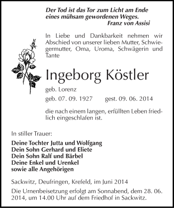 Traueranzeige von Ingeborg Köstler von Mitteldeutsche Zeitung Halle/Saalkreis