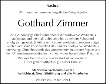 Traueranzeige von Gotthard Zimmer von Mitteldeutsche Zeitung Weißenfels