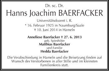 Traueranzeige von Hanns Joachim Baerfacker von Mitteldeutsche Zeitung Halle/Saalkreis