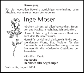 Traueranzeige von Inge Moser von Mitteldeutsche Zeitung Mansfelder Land