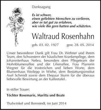 Traueranzeige von Waltraud Rosenhahn von Mitteldeutsche Zeitung Naumburg/Nebra