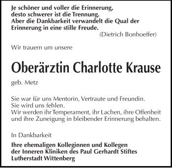 Traueranzeige von Charlotte Krause von Mitteldeutsche Zeitung Wittenberg