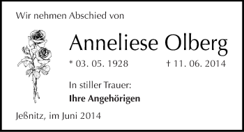 Traueranzeige von Anneliese Olberg von Mitteldeutsche Zeitung Bitterfeld