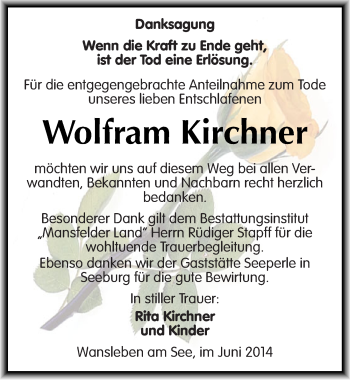 Traueranzeige von Wolfram Kirchner von Mitteldeutsche Zeitung Mansfelder Land