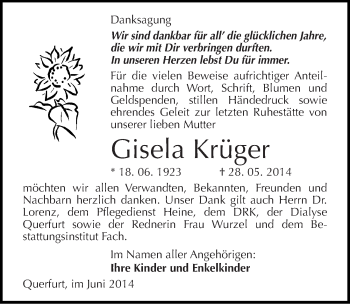 Traueranzeige von Gisela Krüger von Mitteldeutsche Zeitung Merseburg/Querfurt