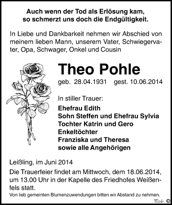 Traueranzeige von Theo Pohle von Mitteldeutsche Zeitung Weißenfels