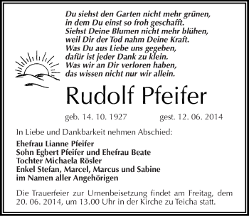 Traueranzeige von Rudolf Pfeifer von Mitteldeutsche Zeitung Halle/Saalkreis