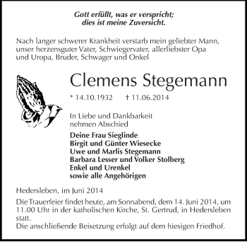 Traueranzeige von Clemens Stegemann von Mitteldeutsche Zeitung Quedlinburg