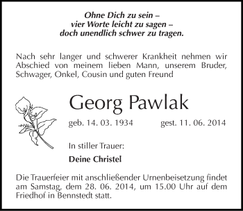 Traueranzeige von Georg Pawlak von Mitteldeutsche Zeitung Halle/Saalkreis