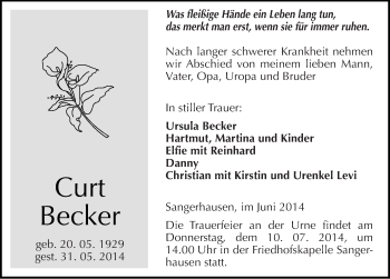 Traueranzeige von Curt Becker von Mitteldeutsche Zeitung Sangerhausen