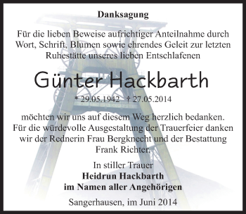 Traueranzeige von Günter Hackbarth von Mitteldeutsche Zeitung Sangerhausen