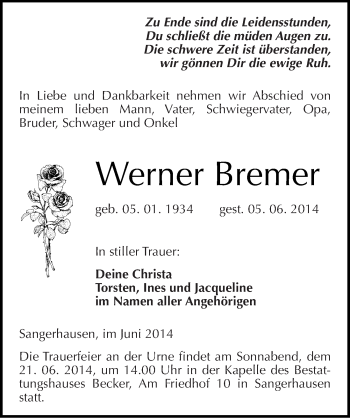 Traueranzeige von Werner Bremer von Mitteldeutsche Zeitung Sangerhausen