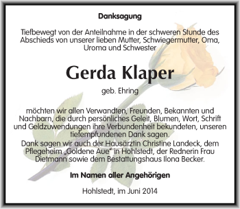 Traueranzeige von Gerda Klaper von Mitteldeutsche Zeitung Sangerhausen