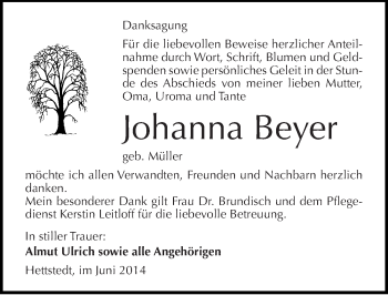 Traueranzeige von Johanna Beyer von Mitteldeutsche Zeitung Mansfelder Land
