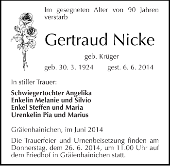 Traueranzeige von Gertraud Nicke von Mitteldeutsche Zeitung Wittenberg