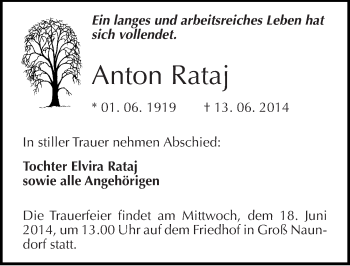 Traueranzeige von Anton Rataj von Mitteldeutsche Zeitung Wittenberg