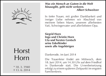 Traueranzeige von Horst Horn von Mitteldeutsche Zeitung Quedlinburg