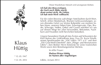 Traueranzeige von Klaus Hüttig von Mitteldeutsche Zeitung Naumburg/Nebra