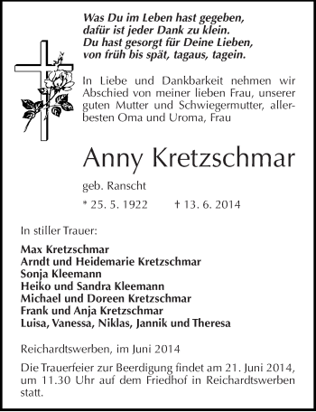 Traueranzeige von Anny Kretzschmar von Mitteldeutsche Zeitung Weißenfels