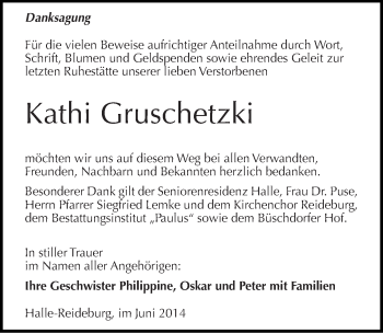 Traueranzeige von Kathi Gruschetzki von Mitteldeutsche Zeitung Halle/Saalkreis