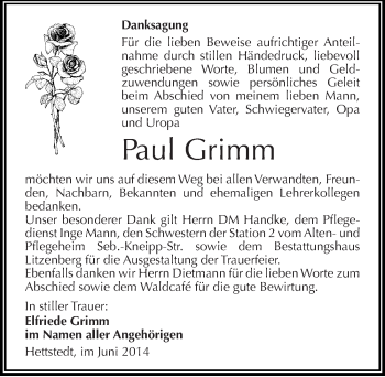 Traueranzeige von Paul Grimm von Mitteldeutsche Zeitung Mansfelder Land