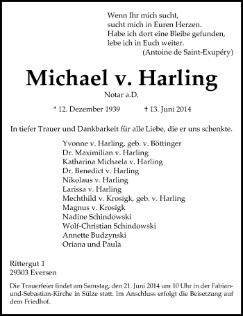 Traueranzeige von Michael v. Harling von Mitteldeutsche Zeitung Dessau-Roßlau