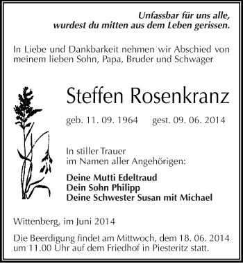 Traueranzeige von Steffen Rosenkranz von Mitteldeutsche Zeitung Wittenberg