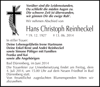 Traueranzeige von Hans Christoph Reinheckel von Mitteldeutsche Zeitung Merseburg/Querfurt