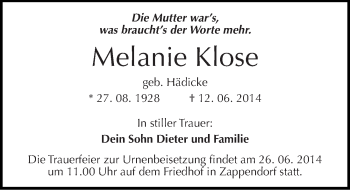 Traueranzeige von Melanie Klose von Mitteldeutsche Zeitung Halle/Saalkreis